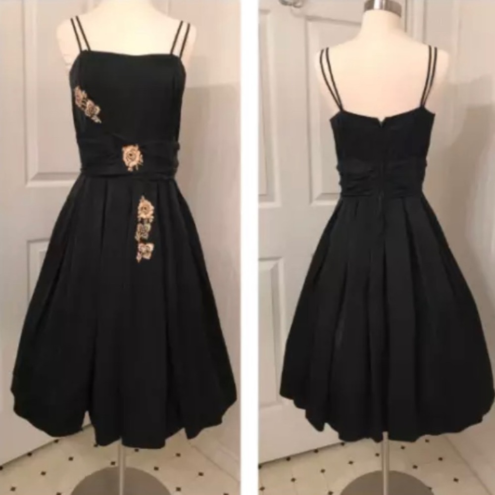 Vintage 1950's Jonathan Logan dress fit flare black w flowers spaghetti straps